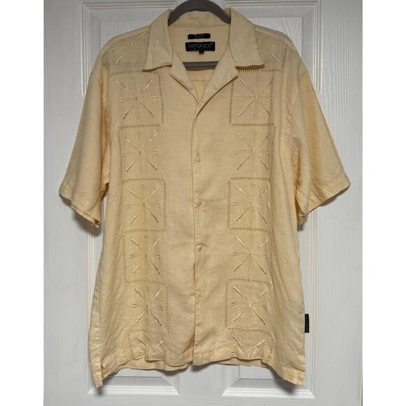 Metafuori Men's 100%Linen Light Yellow Embroidered Button Down Shirt Size Large - Picture 1 of 14